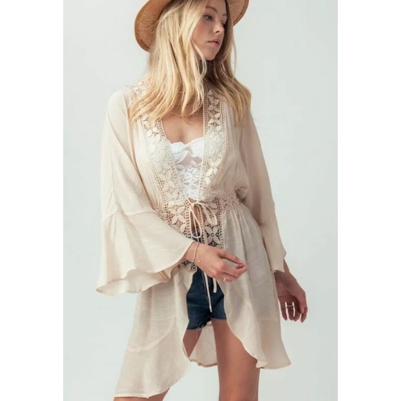 Tops - CLEARANCE Natural Boho Crochet Ruffle Bell Sleeve Cardigan